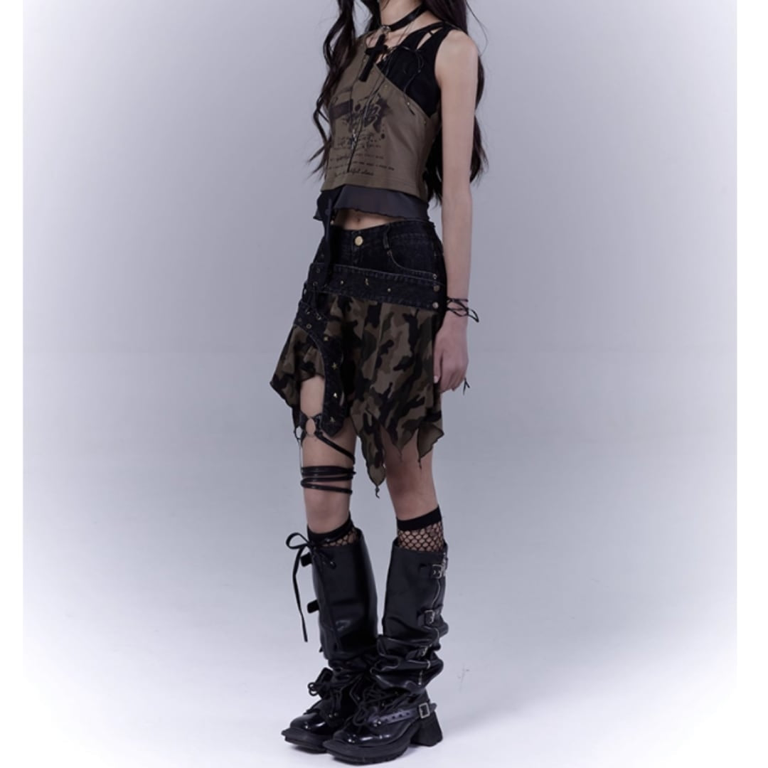 Irregular hem camouflage skirt E7031