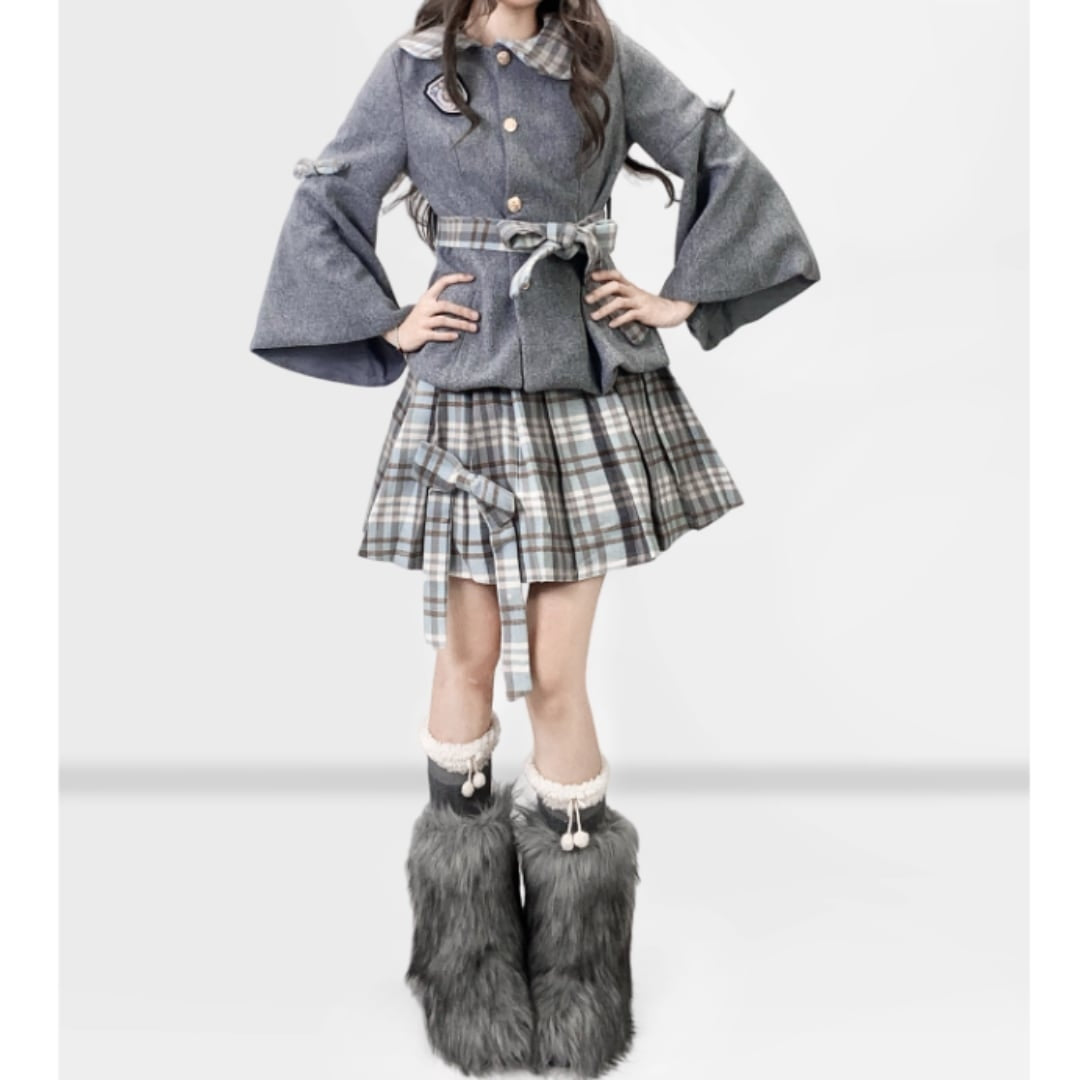 Short length coat & Pleated skirt E7005