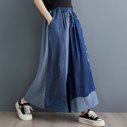 Patchwork wide denim pants D0019