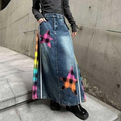 Check & Denim long skirt D0123