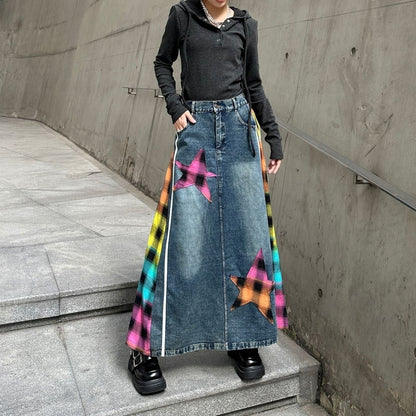 Check & Denim long skirt D0123