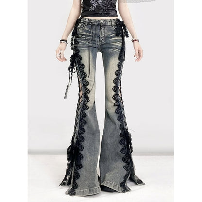 Side lace up flare denim jeans E7003