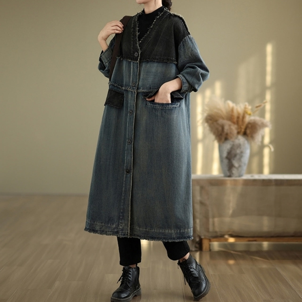 V neck denim coat D0068