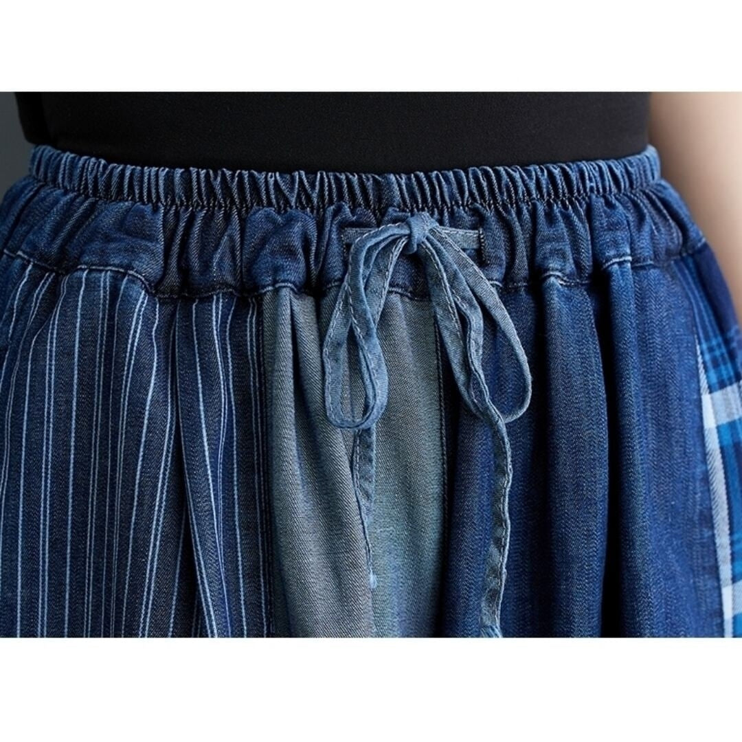 Patchwork wide denim pants D0019