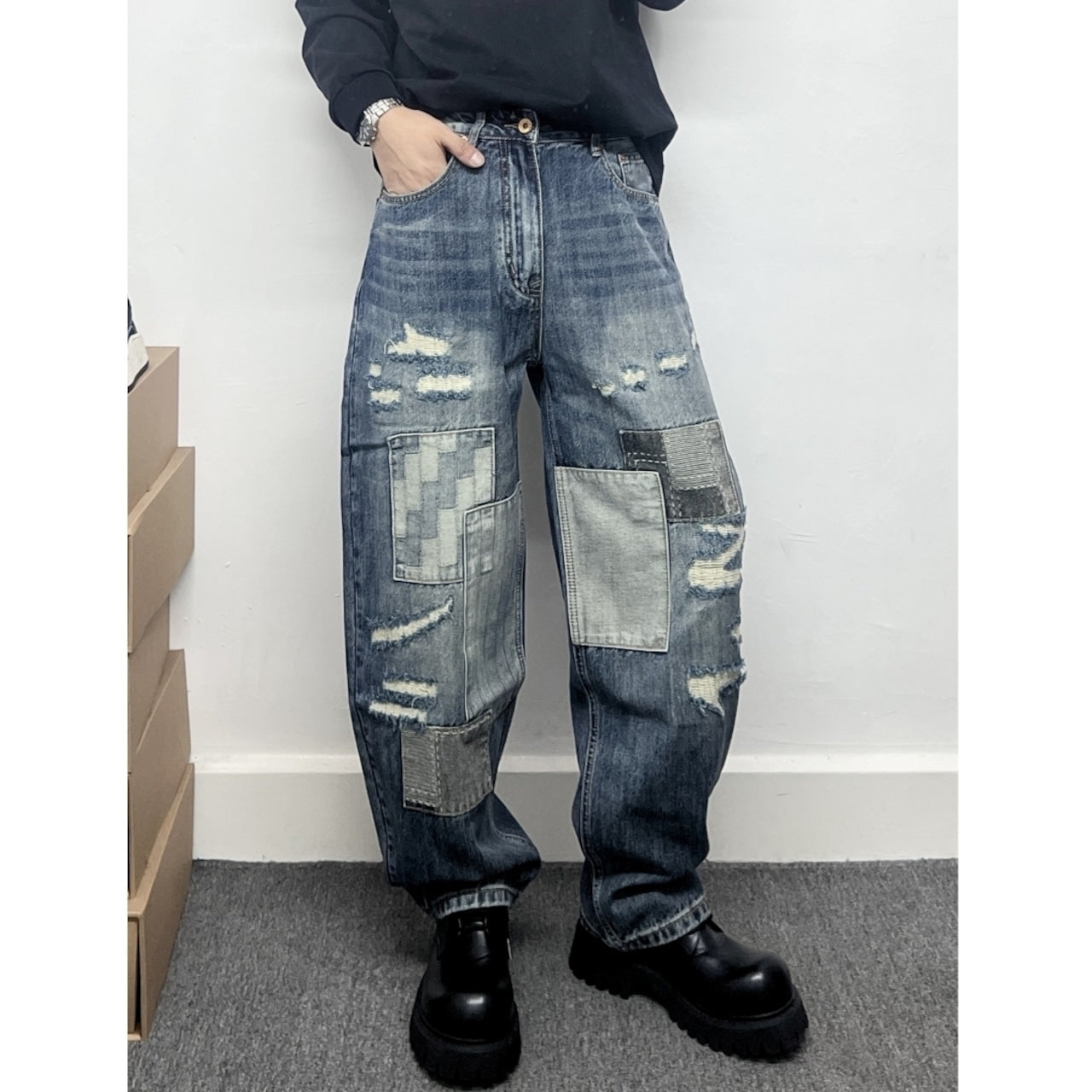 Damaged design denim jeans D0093