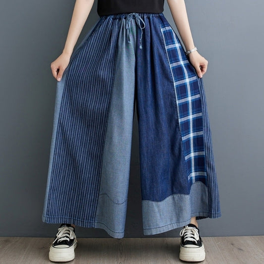 Patchwork wide denim pants D0019