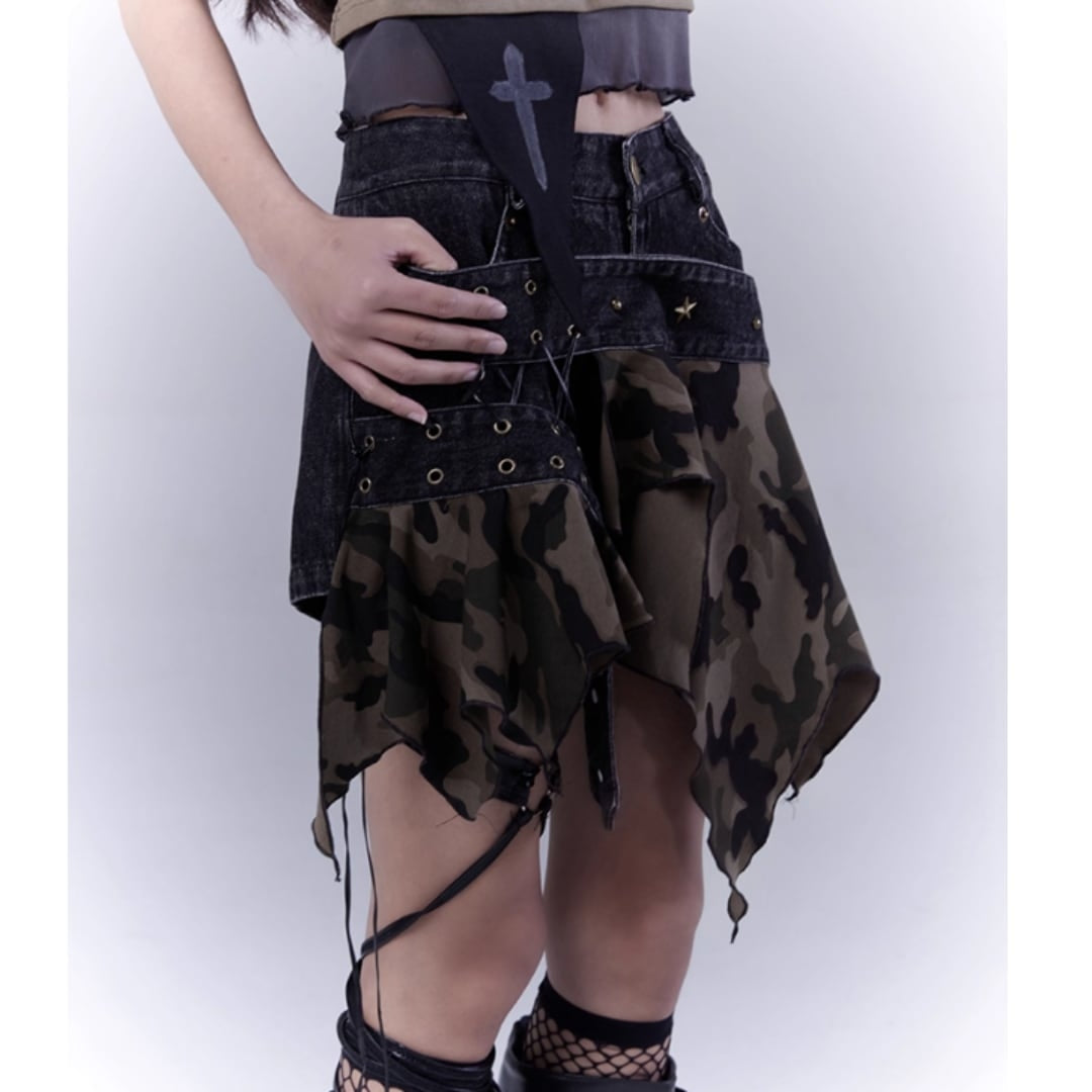 Irregular hem camouflage skirt E7031