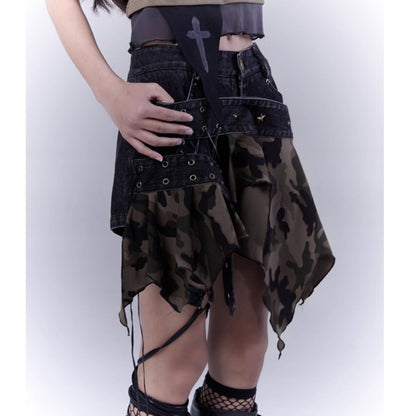 Irregular hem camouflage skirt E7031