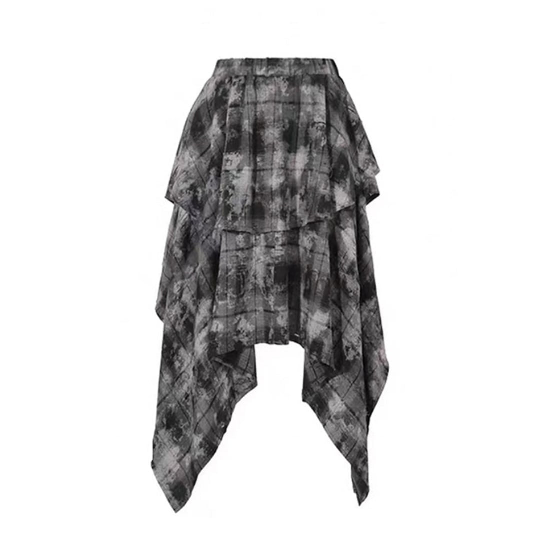 Irregular hem check skirt E7020