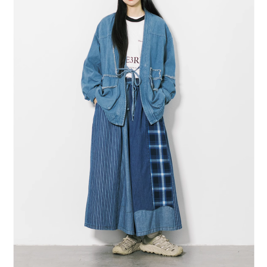 Patchwork wide denim pants HS1017