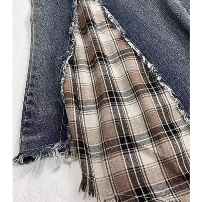 Denim & check long skirt E7024