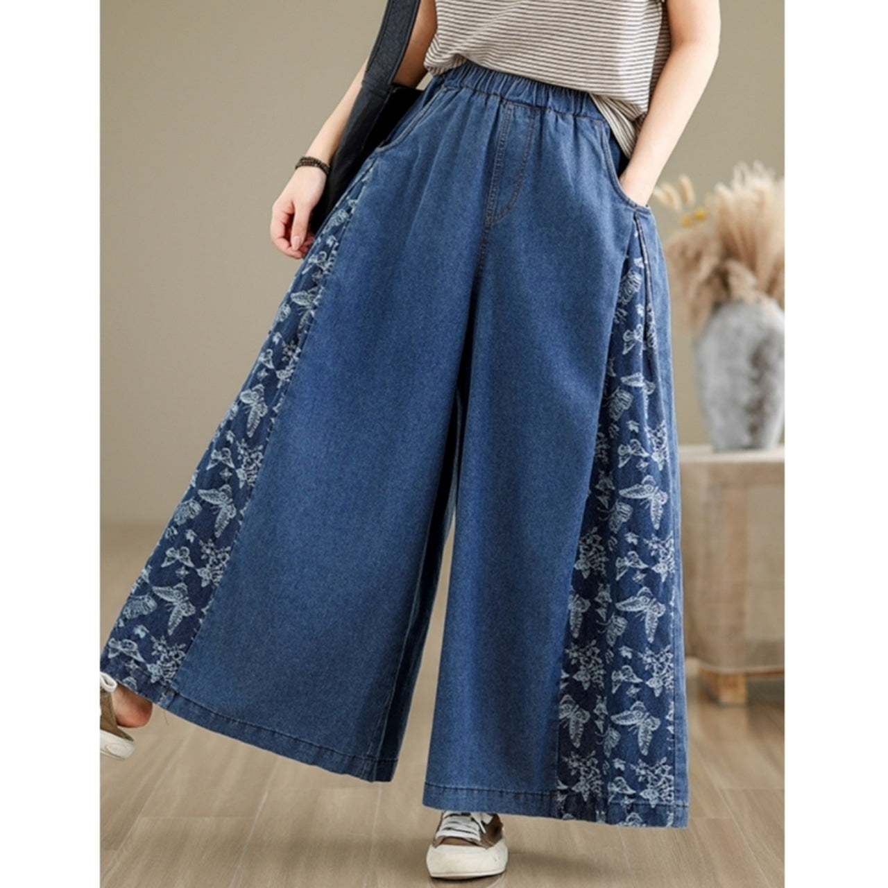 Butterfly Print Wide Denim Pants D0018