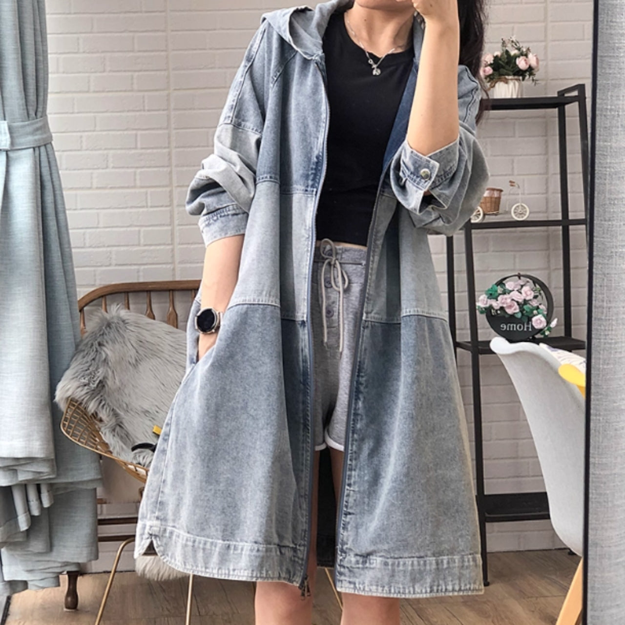 Bicolor hooded denim jacket D0080