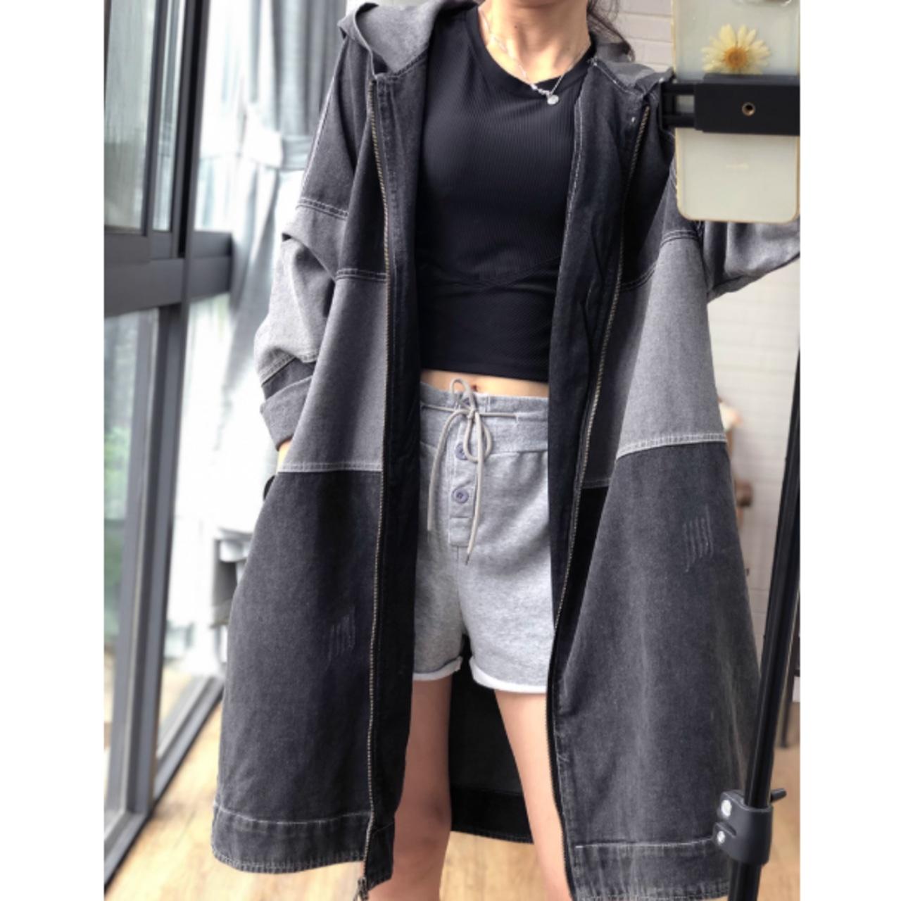 Bicolor hooded denim jacket D0080