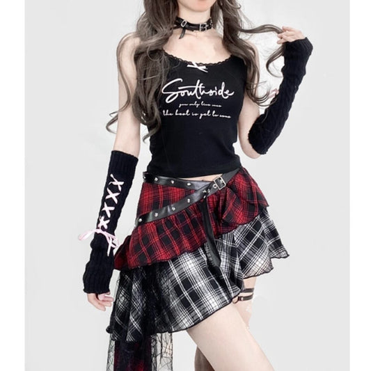 Asymmetric check skirt E7045