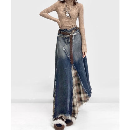 Denim & check long skirt E7024