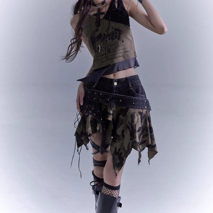Irregular hem camouflage skirt E7031