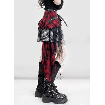 Irregular hem check miniskirt E7016