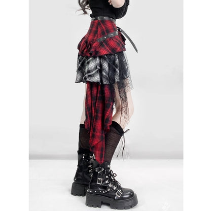 Asymmetric check skirt E7045