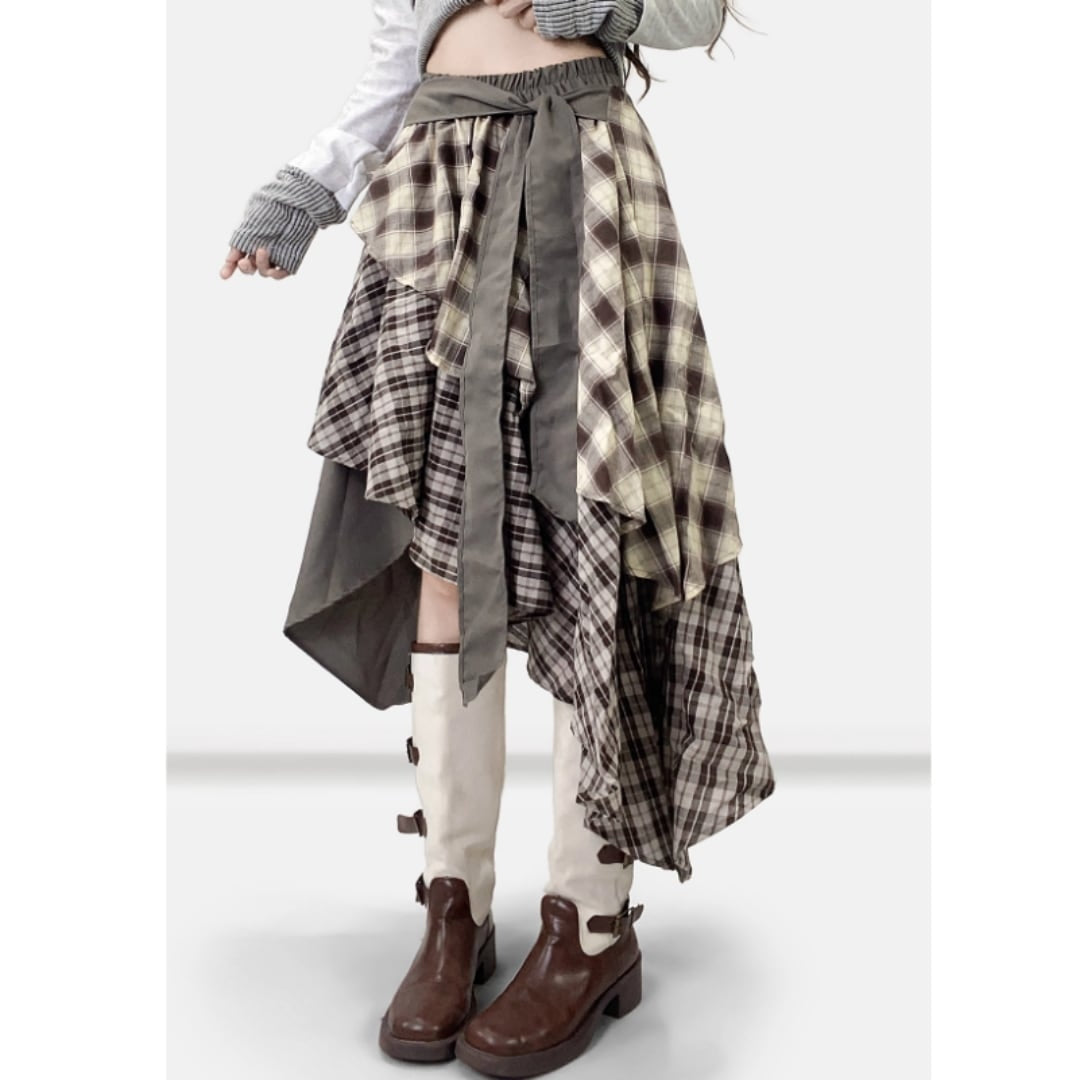 Irregular hem check skirt E7010