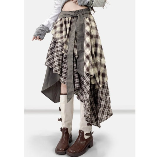 Irregular hem check skirt E7010