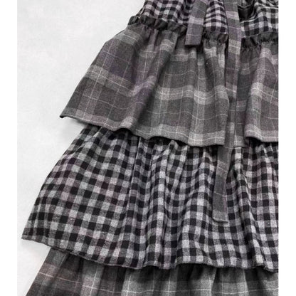 Tiered long check skirt E7030