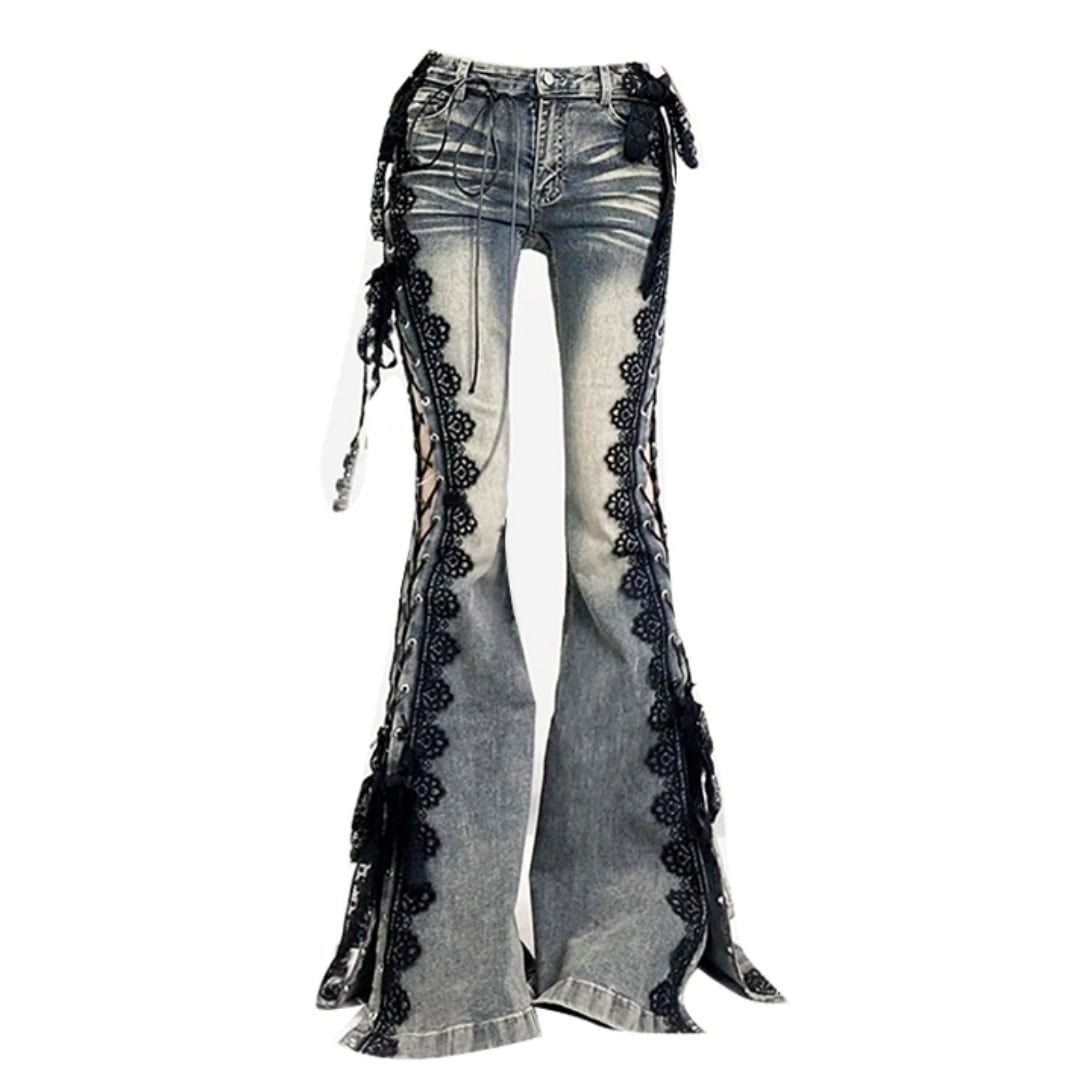 Side lace up flare denim jeans E7003