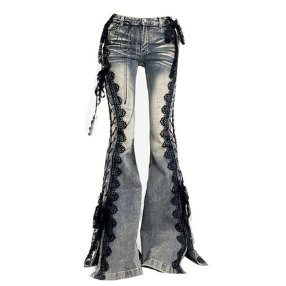 Side lace up flare denim jeans E7003