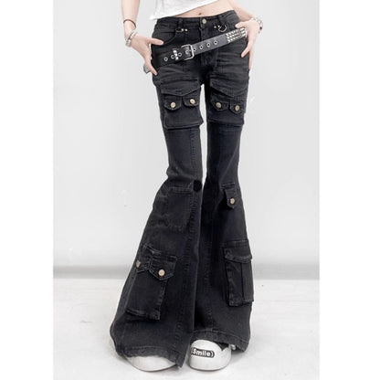 Multi-pocket flare denim pants E7048