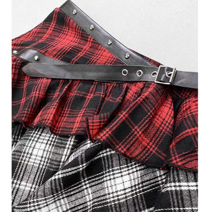 Asymmetric check skirt E7045