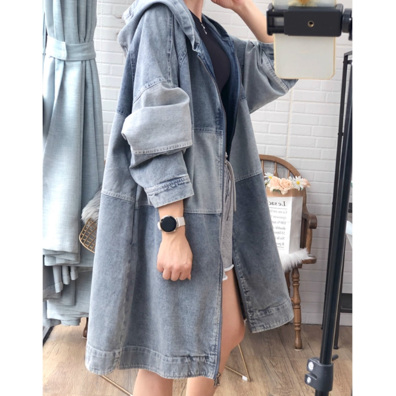 Bicolor hooded denim jacket D0080