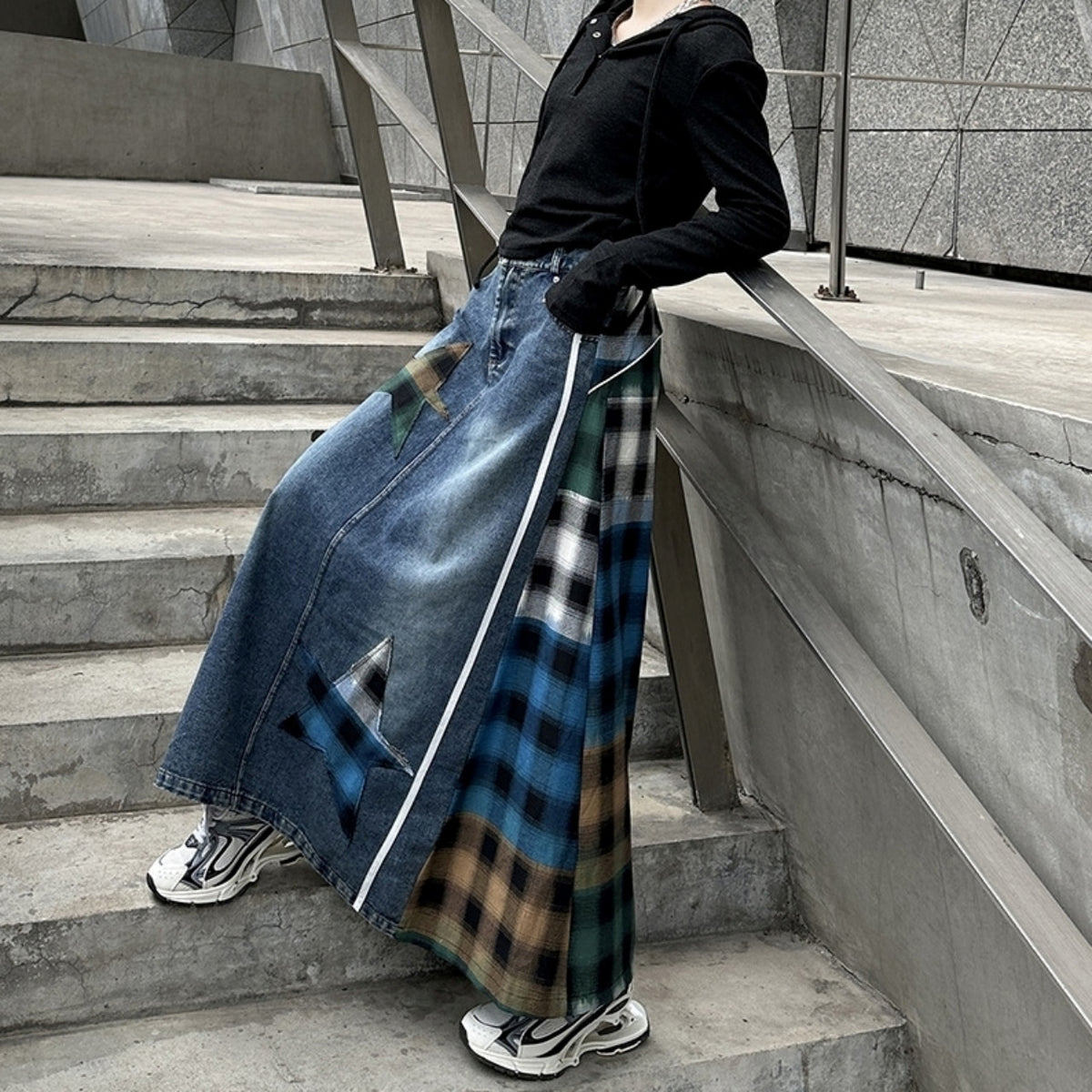 Check & Denim long skirt D0123
