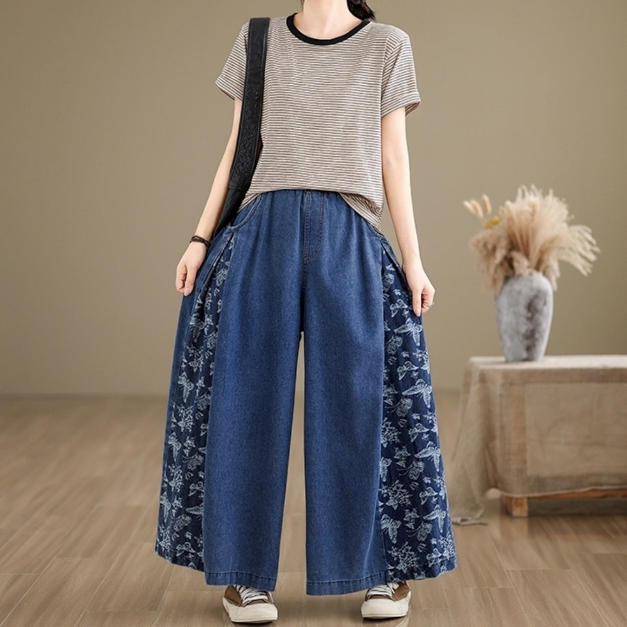 Butterfly Print Wide Denim Pants D0018