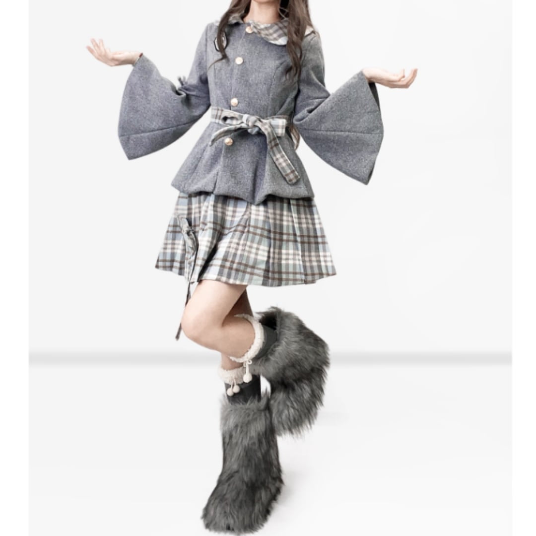 Short length coat & Pleated skirt E7005