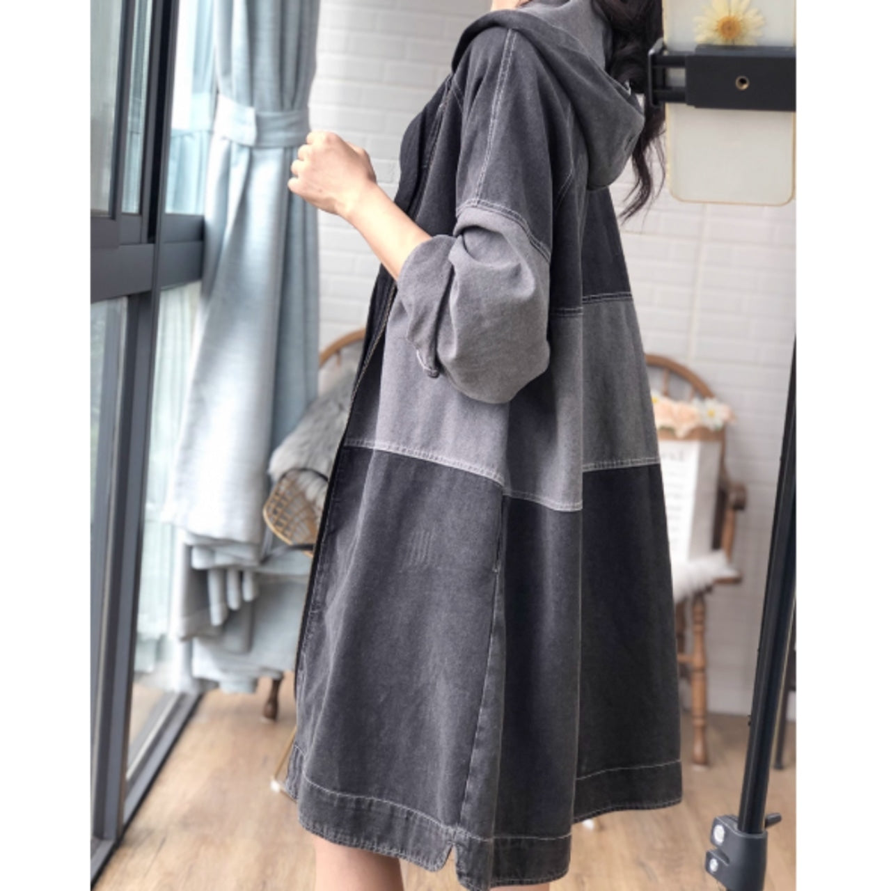 Bicolor hooded denim jacket D0080