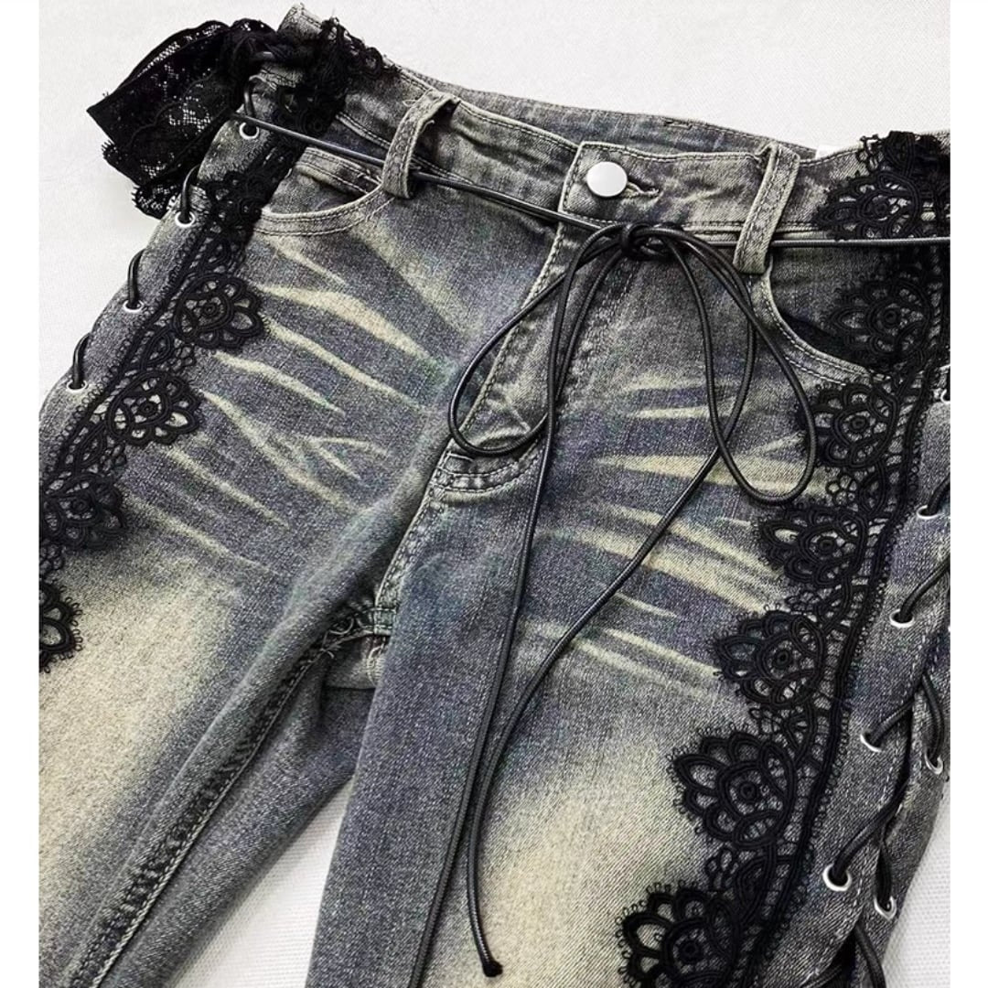 Side lace up flare denim jeans E7003