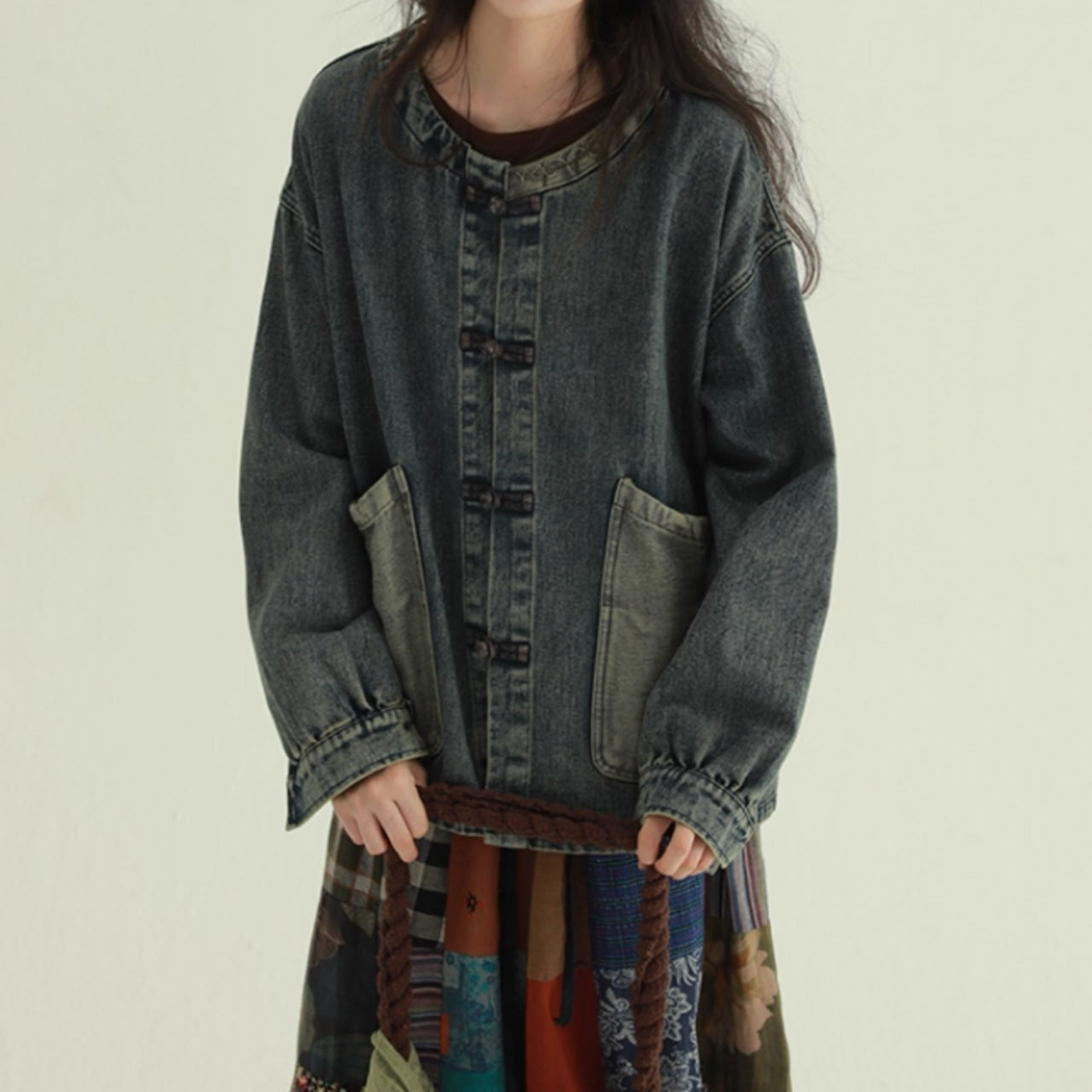 Collarless denim jacket D0085