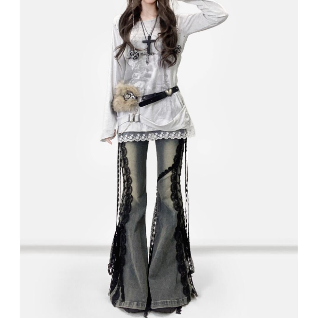 Side lace up flare denim jeans E7003