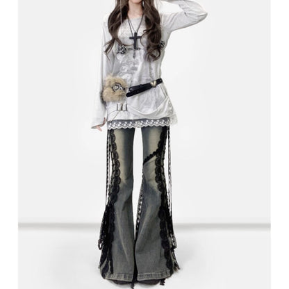 Side lace up flare denim jeans E7003