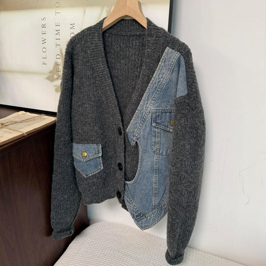 Denim & knit cardigan D0131