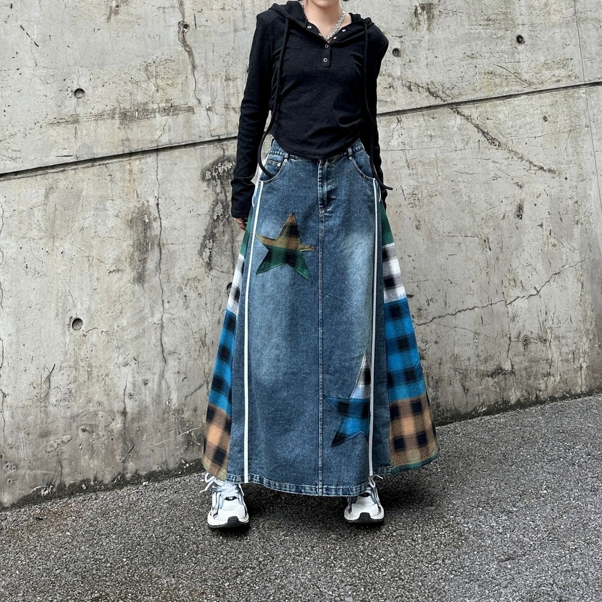 Check & Denim long skirt D0123