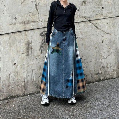 Check & Denim long skirt D0123