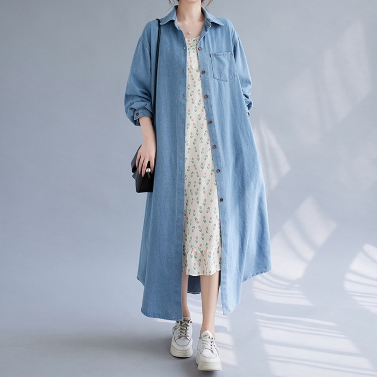 Long denim shirt one piece D0076