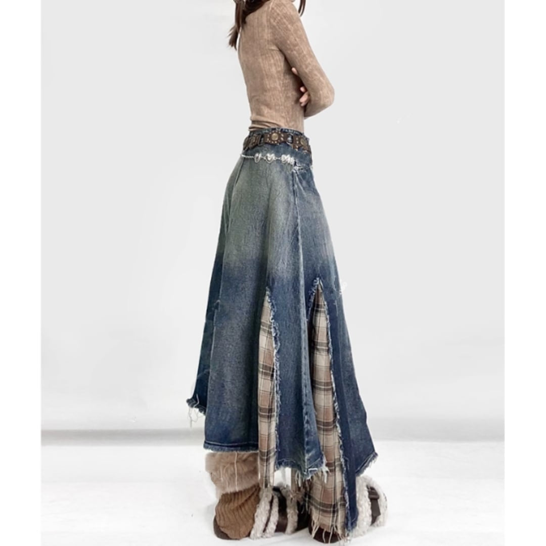 Denim & check long skirt E7024
