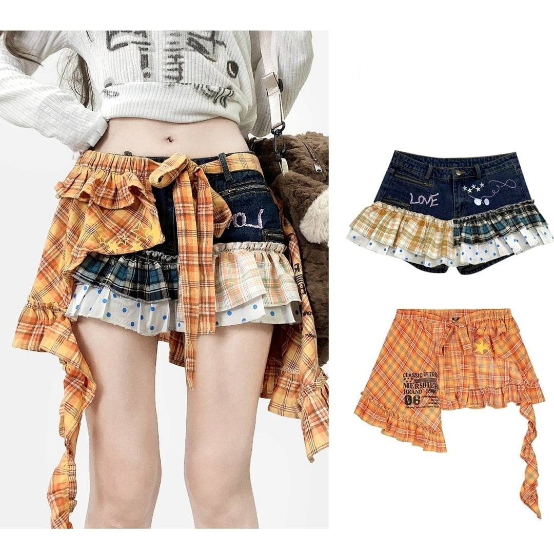 Denim shorts & checked skirt E7028