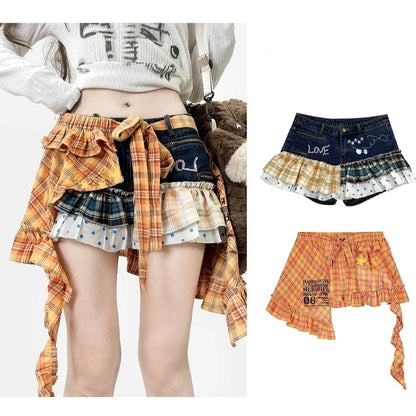 Denim shorts & checked skirt E7028