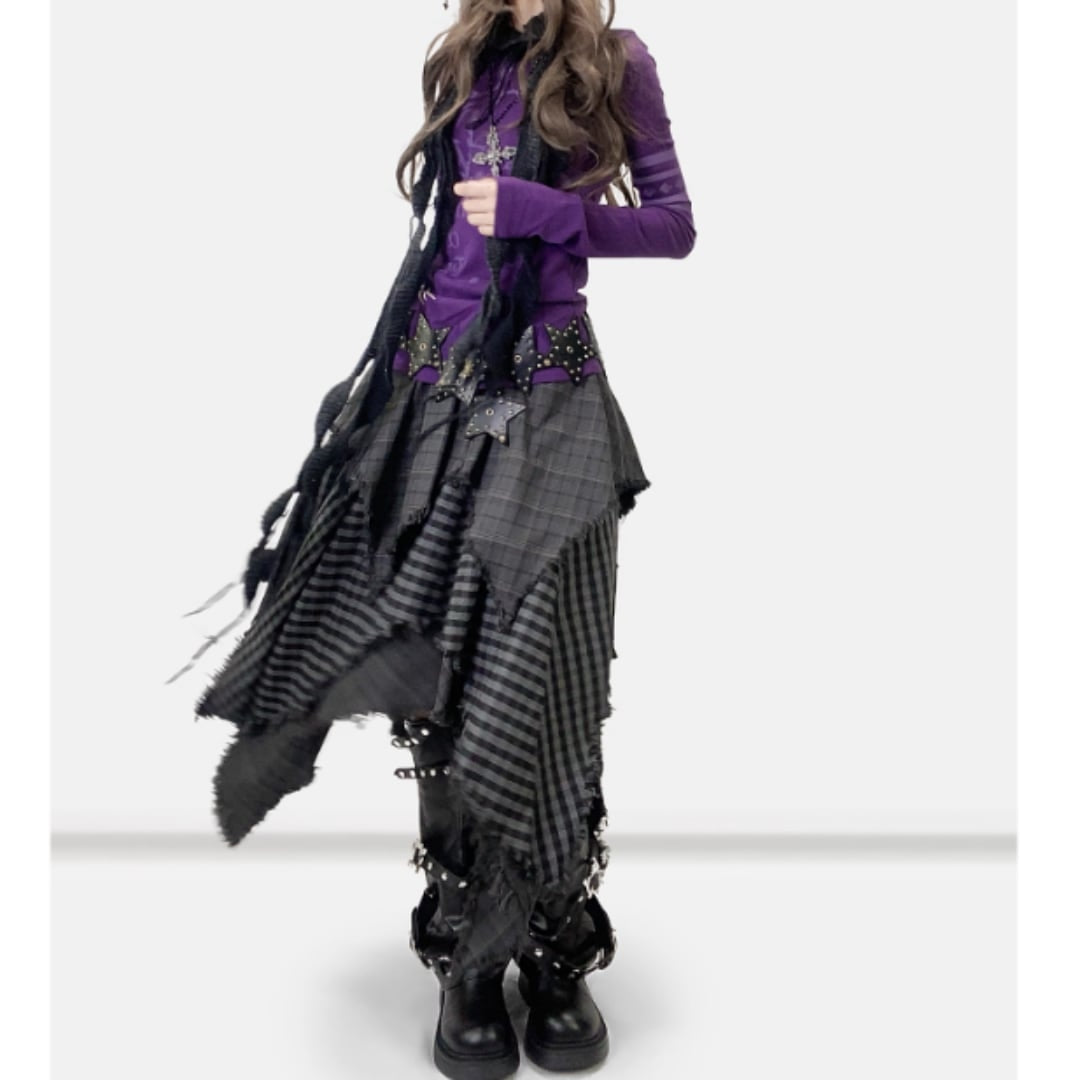 Layered check skirt E7023