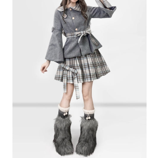 Short length coat & Pleated skirt E7005