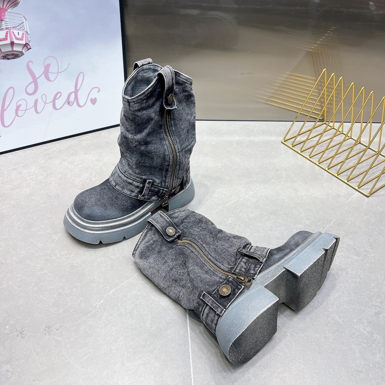 Washed Denim Boots D0014