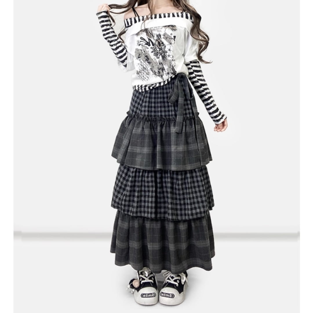 Tiered long check skirt E7030